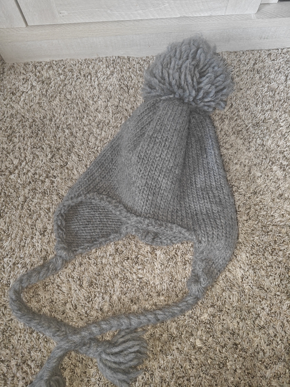 Berretti Wool Blend Gray chunky knit earflap beanie with braided tassel ties OS